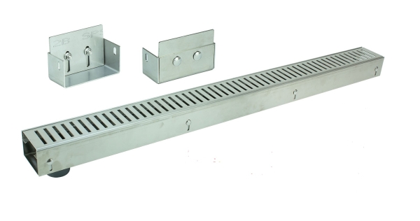 Edelstahlentwässerungsrinne mit Ablaufstutzen, Bauhöhe 60 bis 80mm, Rost Schlitzdesign SET Typ 1